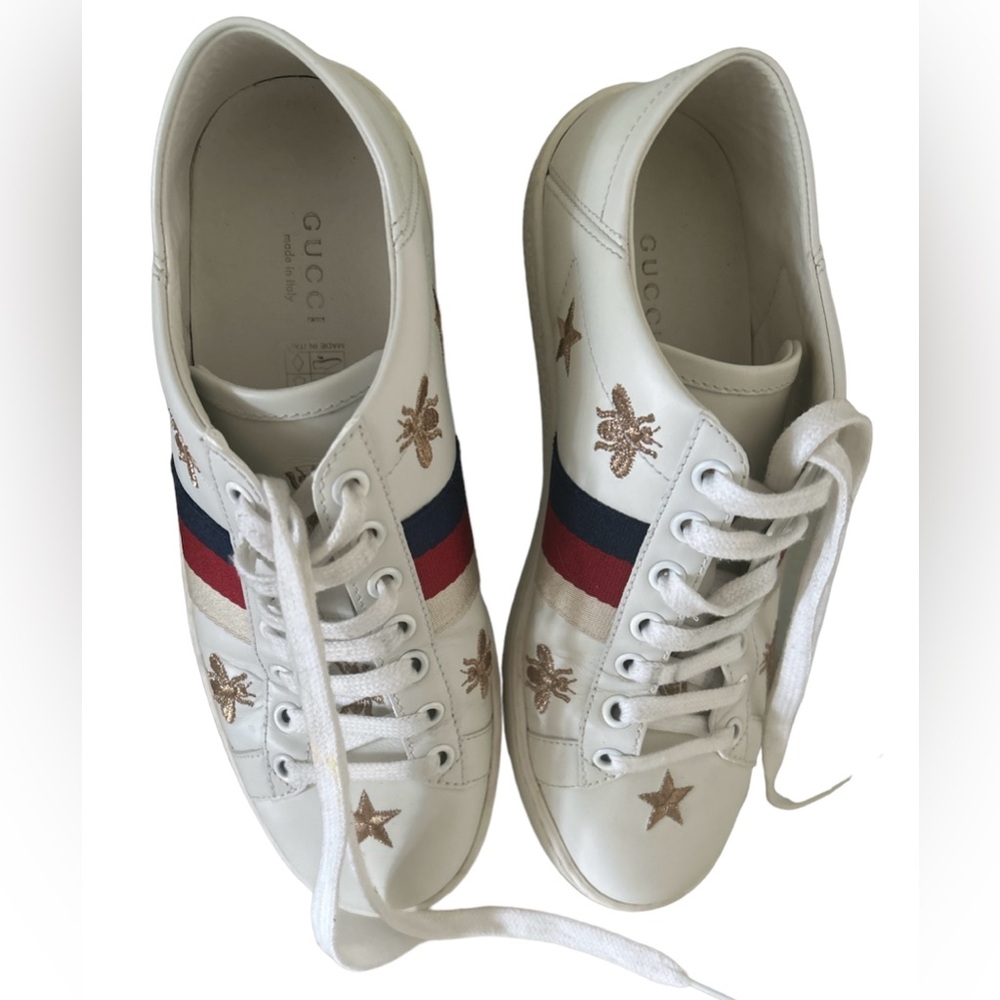 - Gucci Ace leather lace up sneakers star & bee embroidered details size… - Picture 2 of 7